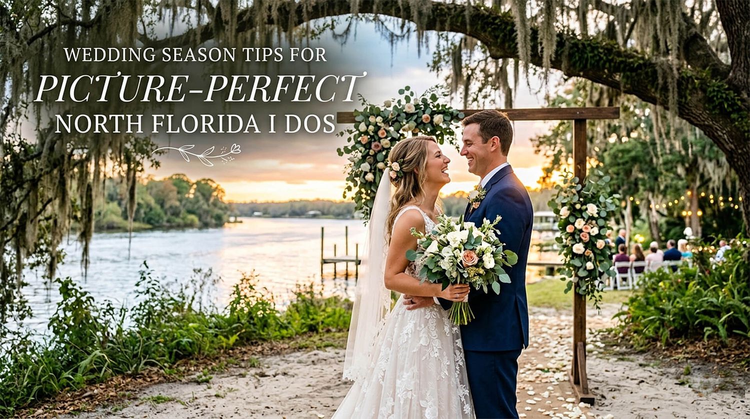 A bride and groom smiling at each other during a sunset wedding ceremony under Spanish moss-draped oak trees on a North Florida riverbank.