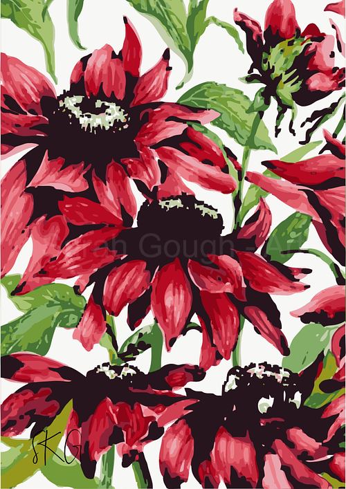 Vibrant watercolour poster print featuring deep red cone flowers with dark centres and green leaves against a light background.