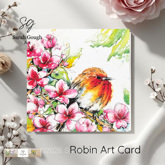 Robin and Spring Blossom | Spring Art Card | Watercolour | with Envelope