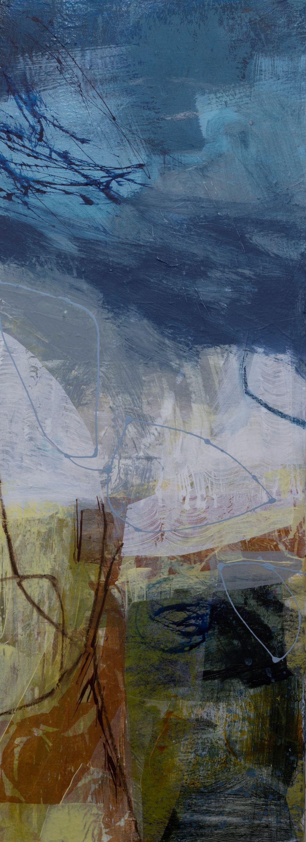 Abstract painting titled "Windy Day With The Wet Clouds Blowing," measuring 30cm x 80cm and featuring stormy, sweeping textures as the second piece of a three-part triptych.