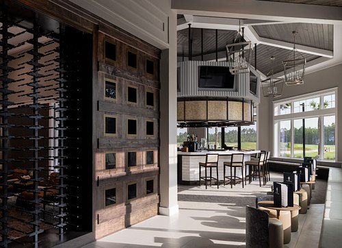 Interior of a golf course clubhouse in St. Augustine, Florida, featuring a modern wine rack, dark wood architectural detailing, and a central bar lounge with expansive windows overlooking the green fairways