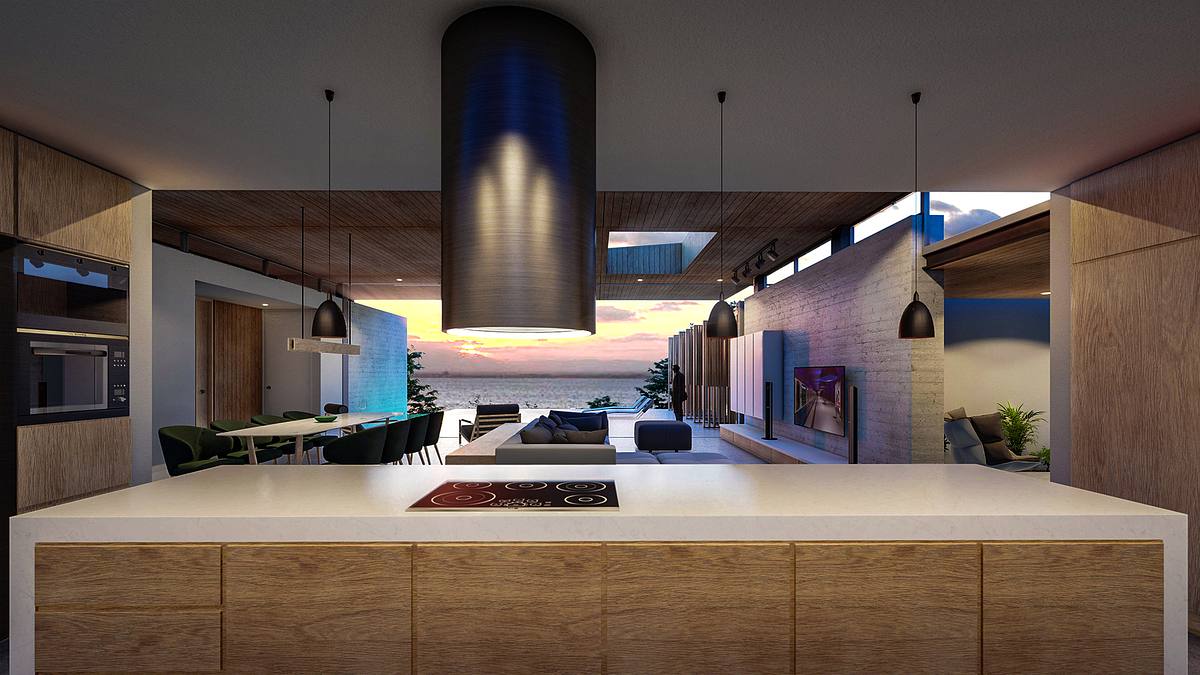 render interior casa modular patios interiores luz natural arquitectura