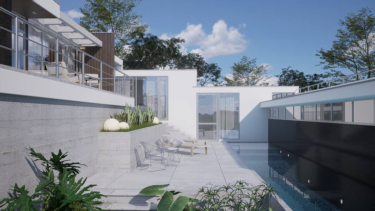 render exterior casa lujo patio central arquitectura Puerto Rico