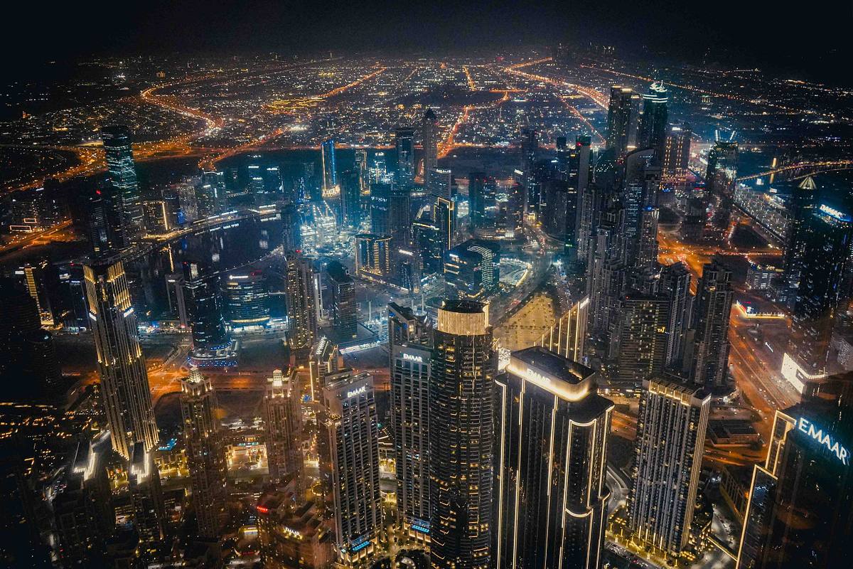 dubai aerial night view burj khalifa photography