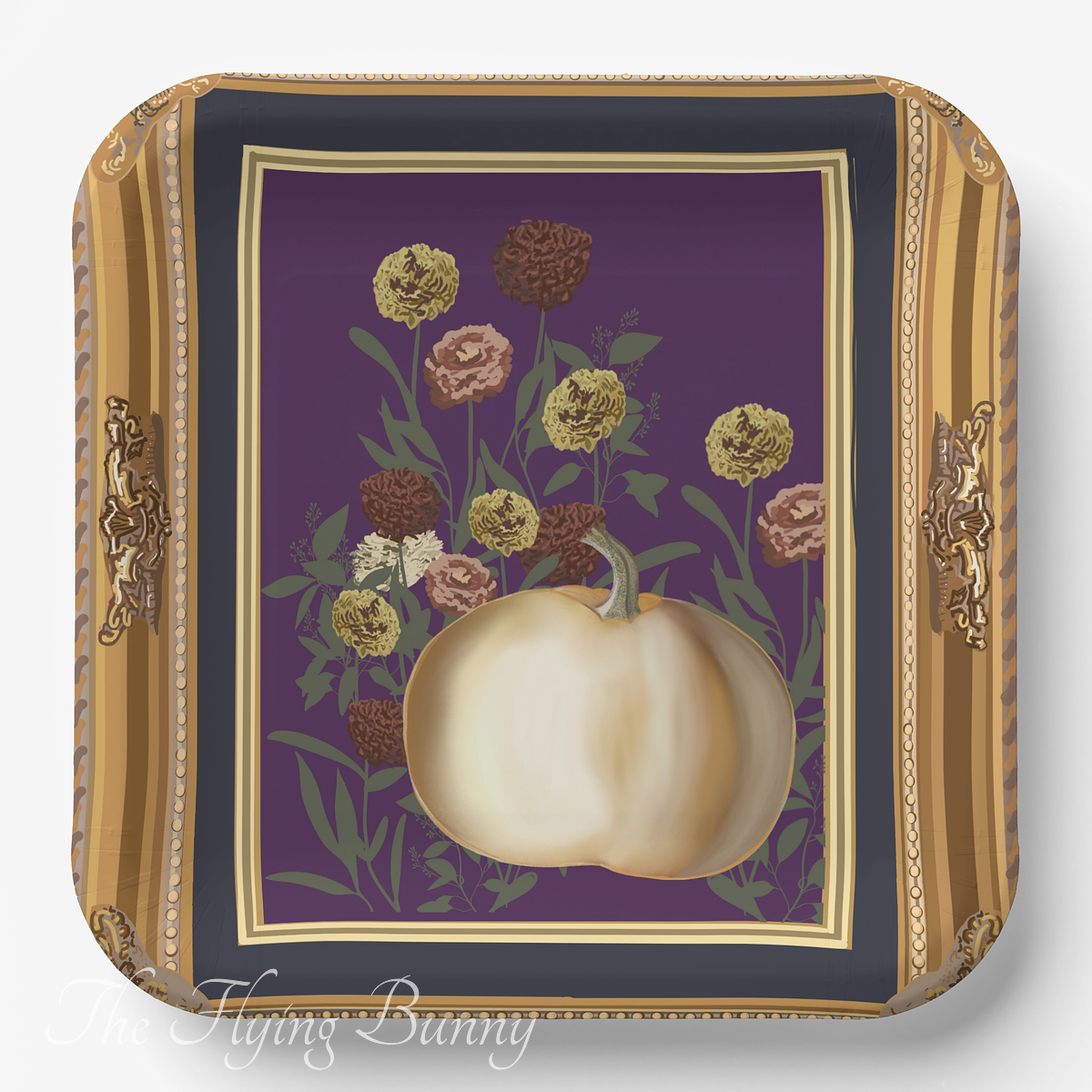 Square paper plate featuring a white pumpkin, moody autumn florals, ornate gold frame, and deep purple background.