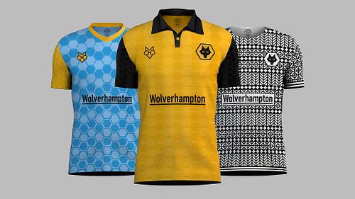 Front view of Wolves home, away, and third shirt concepts grouped together, with the home shirt slightly larger in the centre.