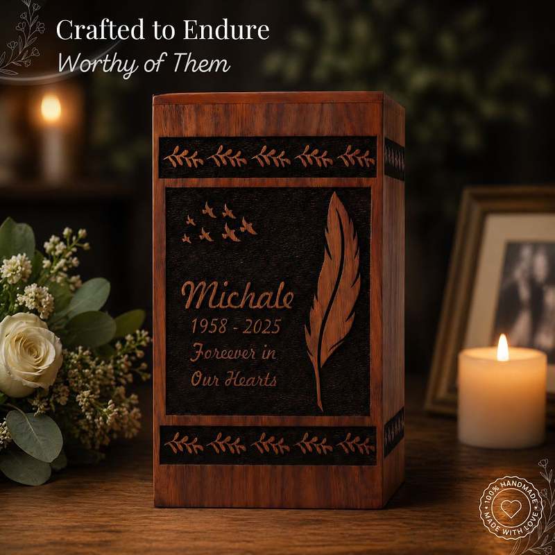 Engraved Feather Wooden Urn Box