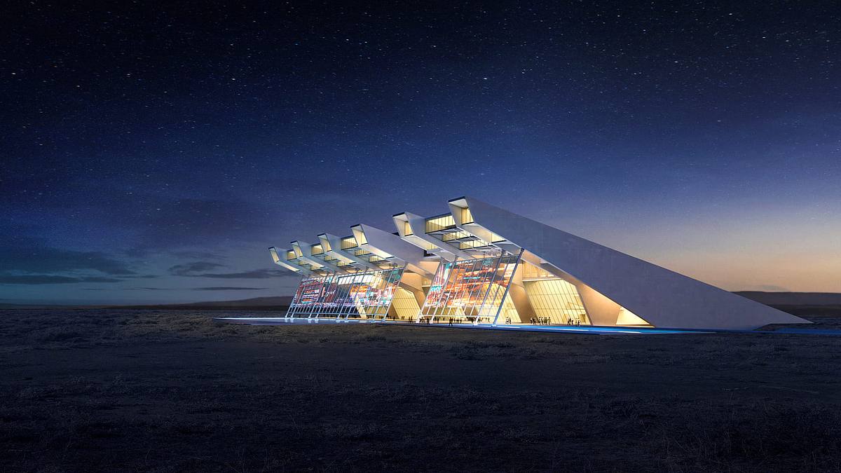 render exterior hyperloop arquitectura futurista sostenible