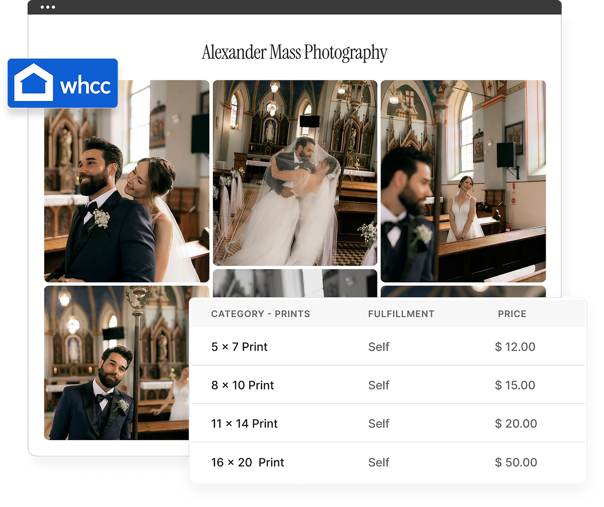 A Pixpa e-commerce gallery with WHCC print fulfillment and a per-size price list