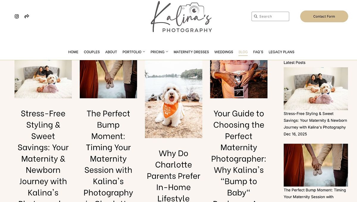 Kalina's Photography blog design with oversized serif headlines and a Latest Posts sidebar