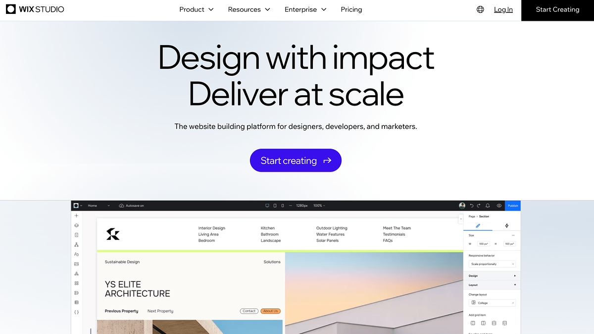 Wix Studio homepage showing the canvas-style website builder with breakpoint controls and AI design tools