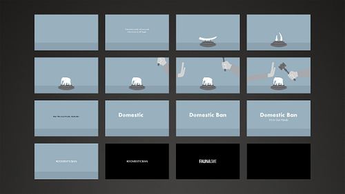 Storyboard layout for the Domestic Ban animated motion piece, consisting of 16 panels showing the progression of the auction-themed visual metaphor and campaign messaging.
