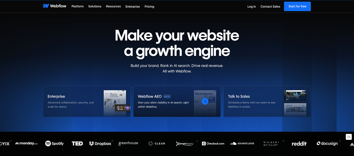 Webflow homepage showing the visual designer with CMS and exportable HTML and CSS