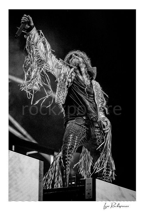 Vertical black and white image of Rob Zombie performing live on stage with raised microphone, long dreadlocks, fringed jacket, and studded pants