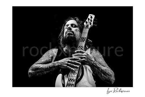 Horizontal black and white image of Korn bassist Fieldy holding his bass guitar against his chest in a close live performance portrait