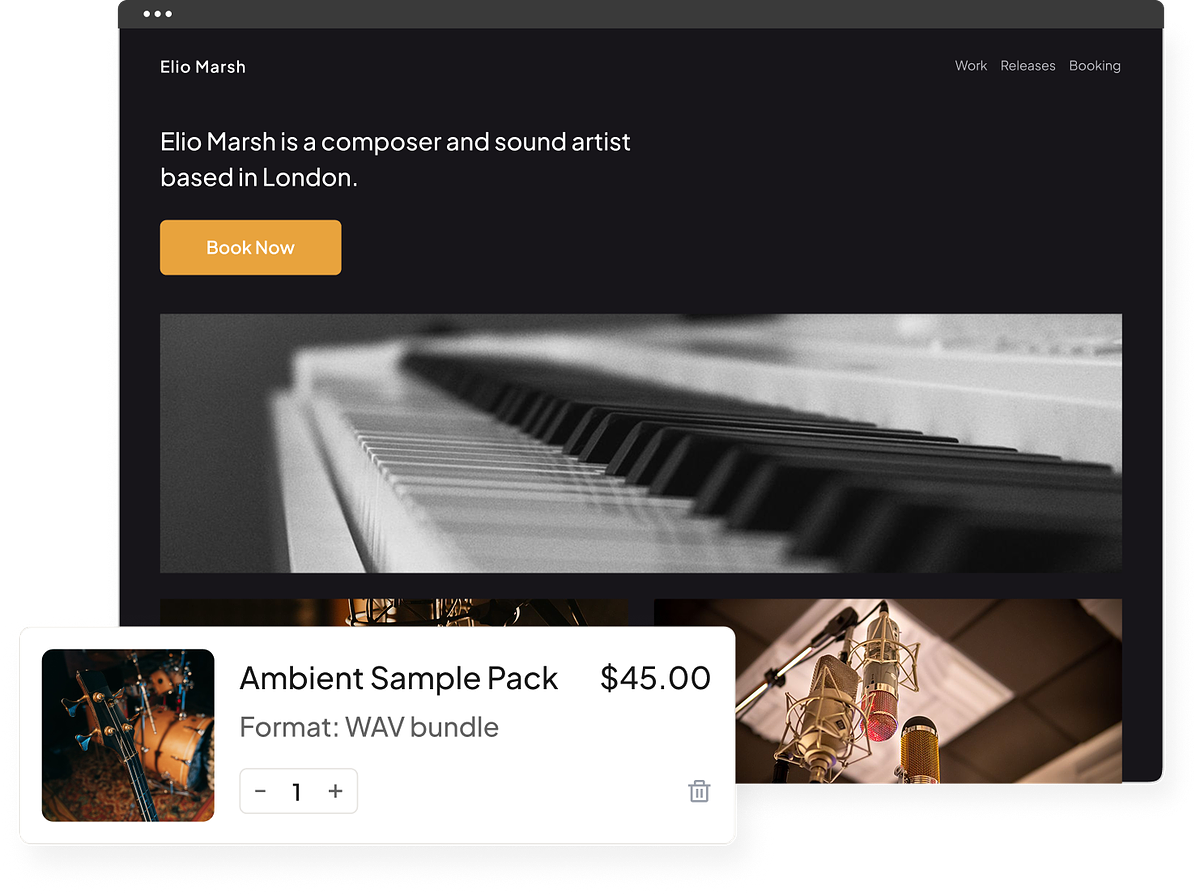 A Pixpa musician website with a store, one-page option and a blog