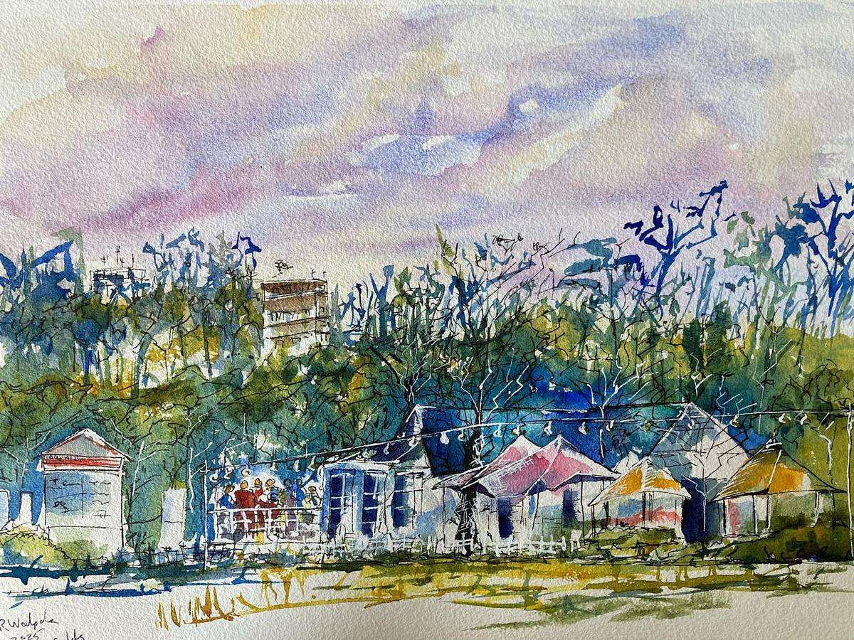 Watercolour and ink painting of the Claremont Cricket Club in Constantia.