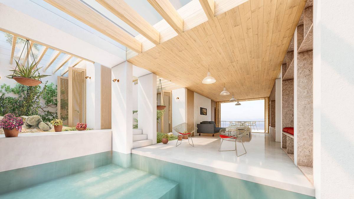render interior casa ecol&oacute;gica paja luz natural arquitectura interior sostenible