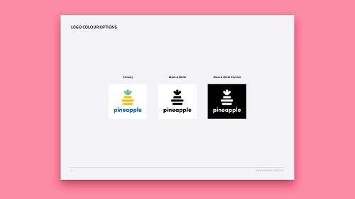 Brand guidelines document page showing three Pineapple logo colour options: full colour with a yellow and mint green icon and blue text on white, black and white, and reversed black and white.