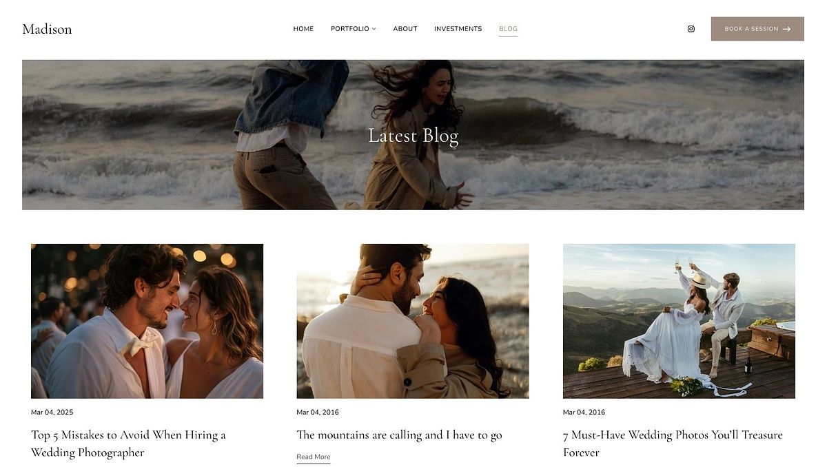 Madison LaRoc blog design with a labelled banner header and a clean three-column grid