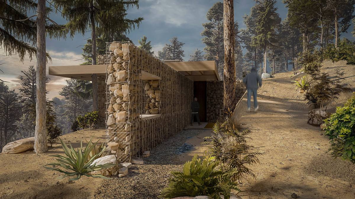 render arquitectura refugio yoga bosque Portugal dise&ntilde;o sostenible