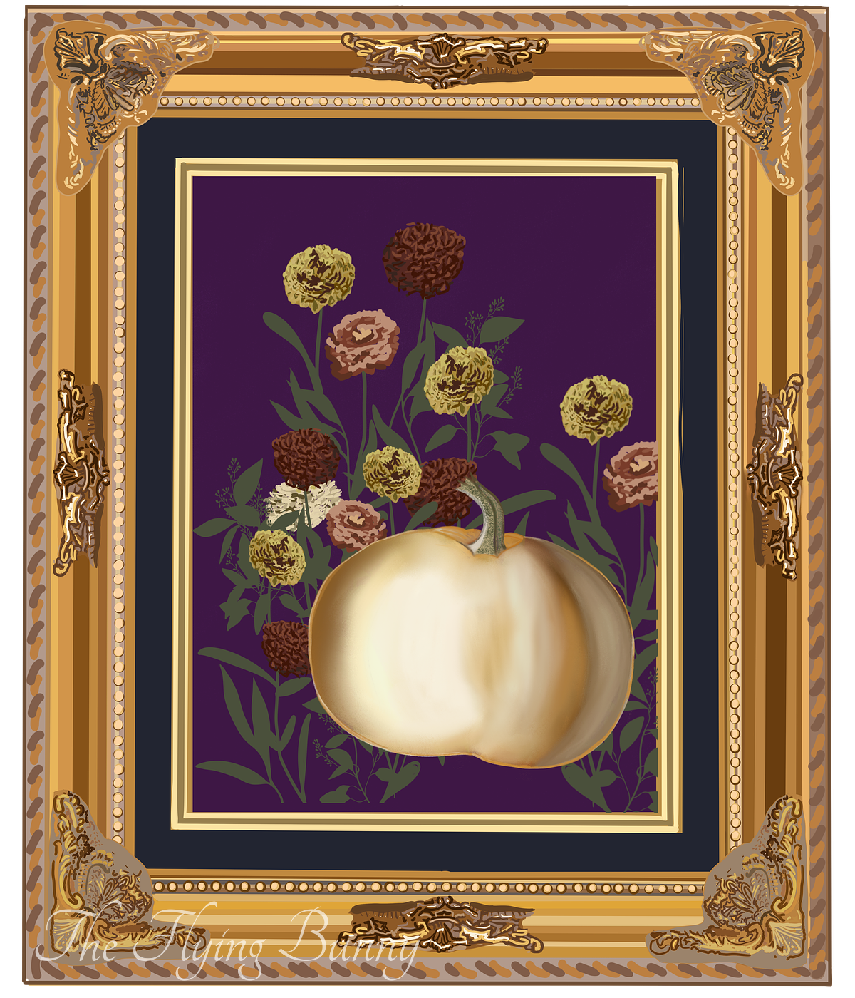 Creamy white pumpkin surrounded by stylized autumn flowers and foliage on a deep plum background, enclosed by an ornate hand-drawn gold frame that is part of the illustration.