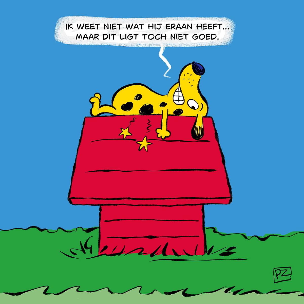 cartoon van een hond die op het hok ligt van 'Snoopy'. Ligt toch eigenlijk niet zo goed dat hok.