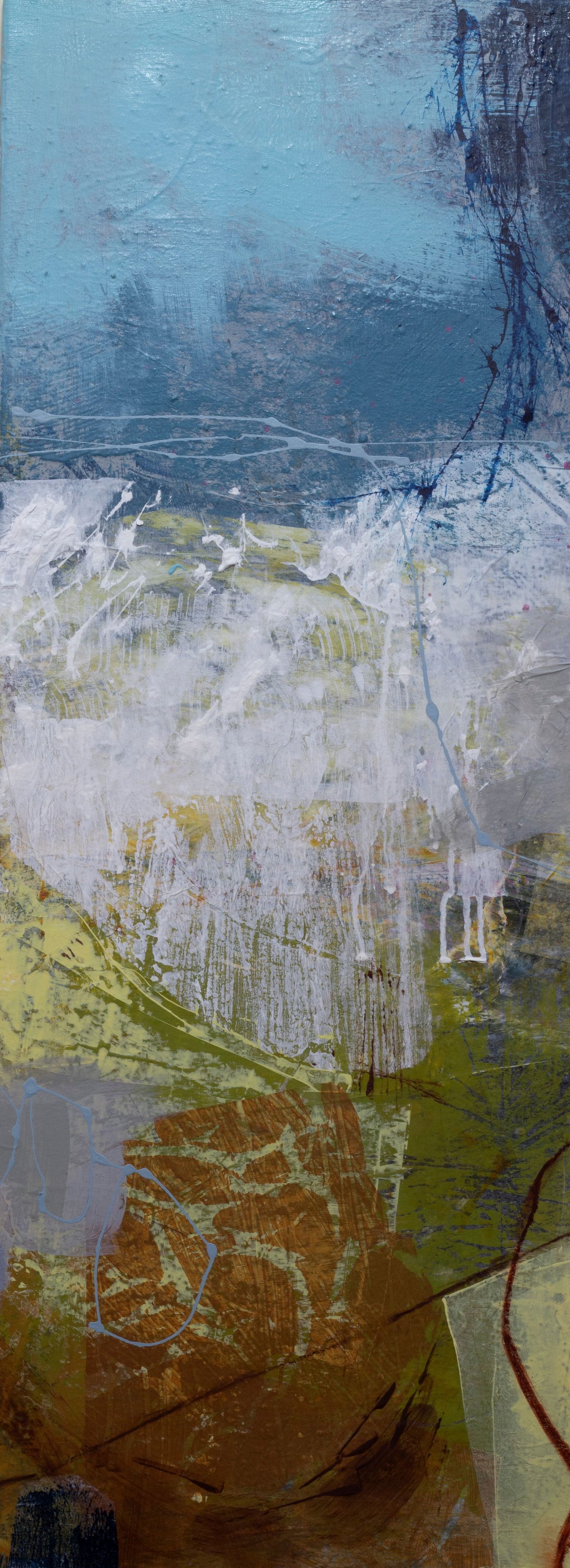 Abstract painting titled "With The Turning Tide," measuring 30cm x 80cm and featuring fluid, movement-filled textures as part of a three-piece triptych.