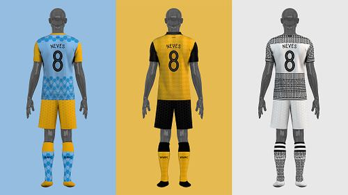 Back view of Wolves home, away, and third full kit concepts displayed side by side on mannequins.