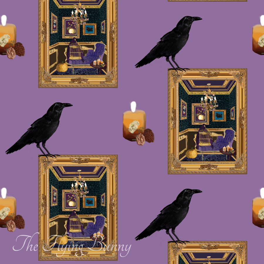 Black ravens, glowing candles, and ornate gold-framed gothic sitting room scenes arranged on a soft lavender background in a repeating Halloween pattern.