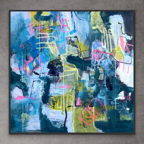 Abstract acryling painting Blue Memory by Sylvie Gasser,teal blue and neon pink mixed media artwork.