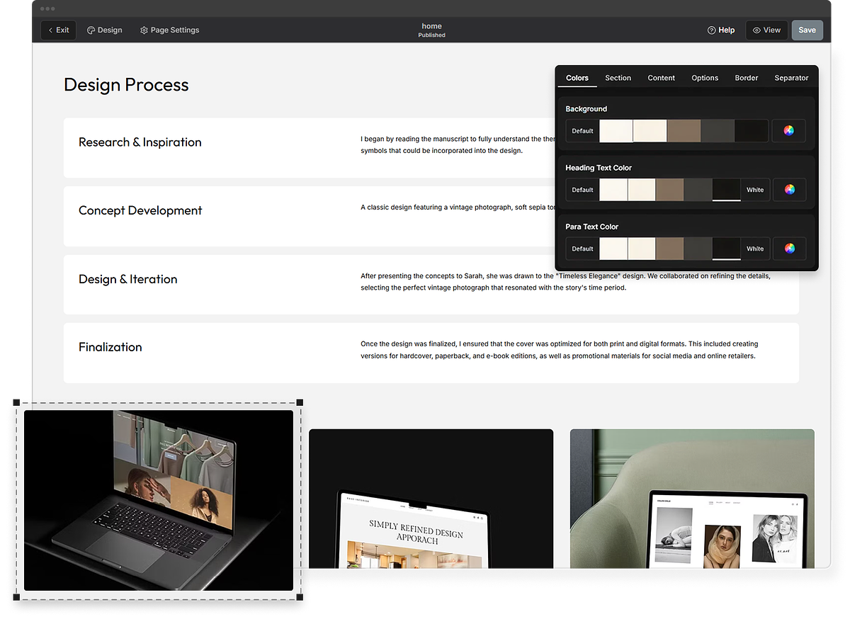 Building a UX case study page in the Pixpa editor