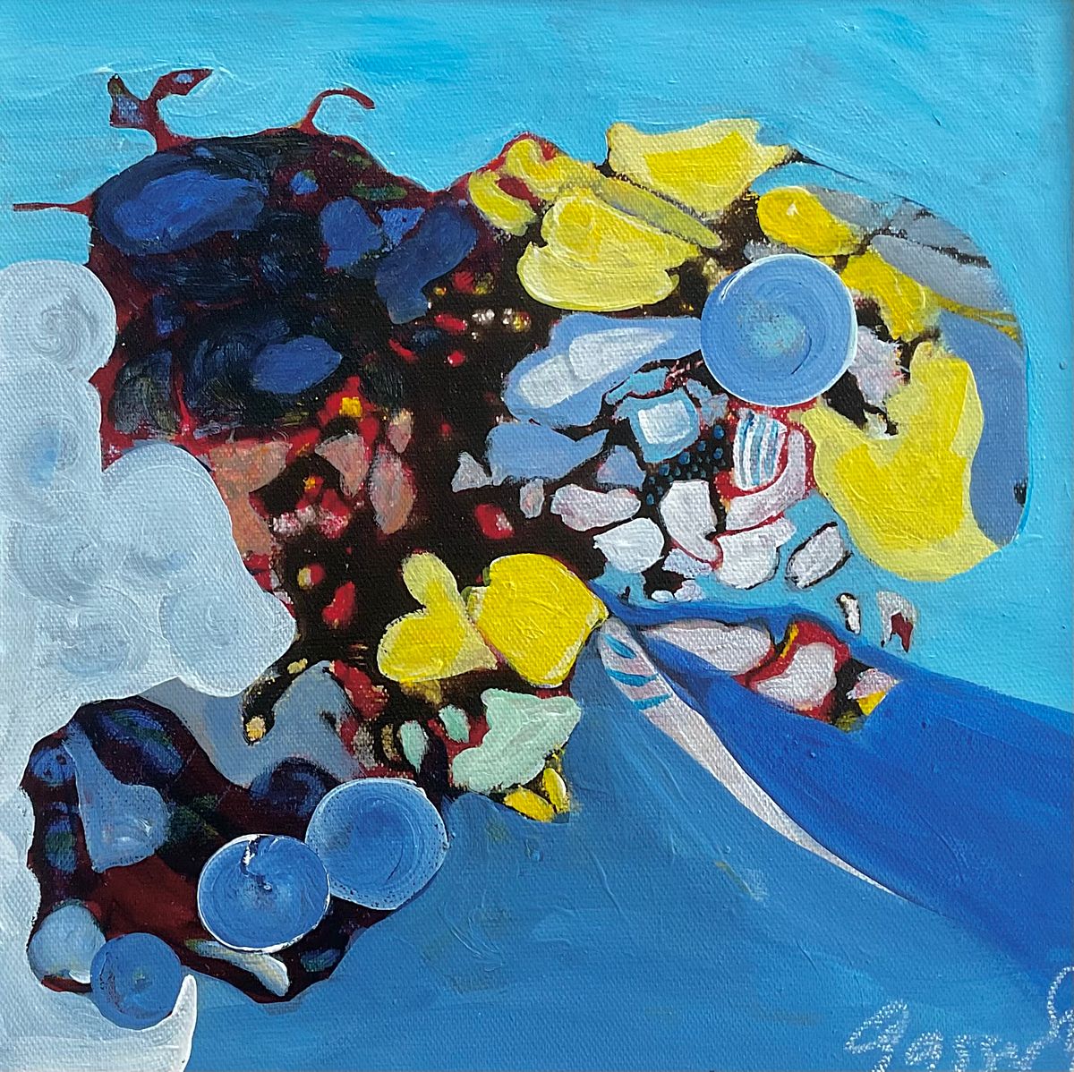 Abstrakte Acrylmalerei Serie "Funny Times", vier Bilder 30x30 cm, Blau Gelb Rot, verspielt energiegeladen, Sylvie Gasser , Abstract acrylic painting series "Funny Times", four paintings 30x30 cm, blue yellow red, playful energetic, Sylvie Gasser