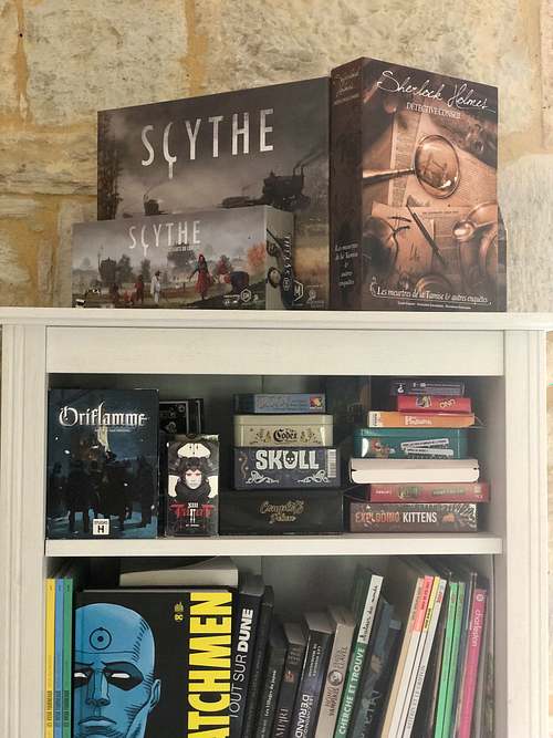 Scythe en tête d'étagère, Watchmen juste en dessous. La ludothèque du Château de Saint-Chamarand  c'est celle d'un Concept Artist Fantasy — construite avec goût, ouverte à tous les hôtes. Les longues soirées ont un endroit où commencer.