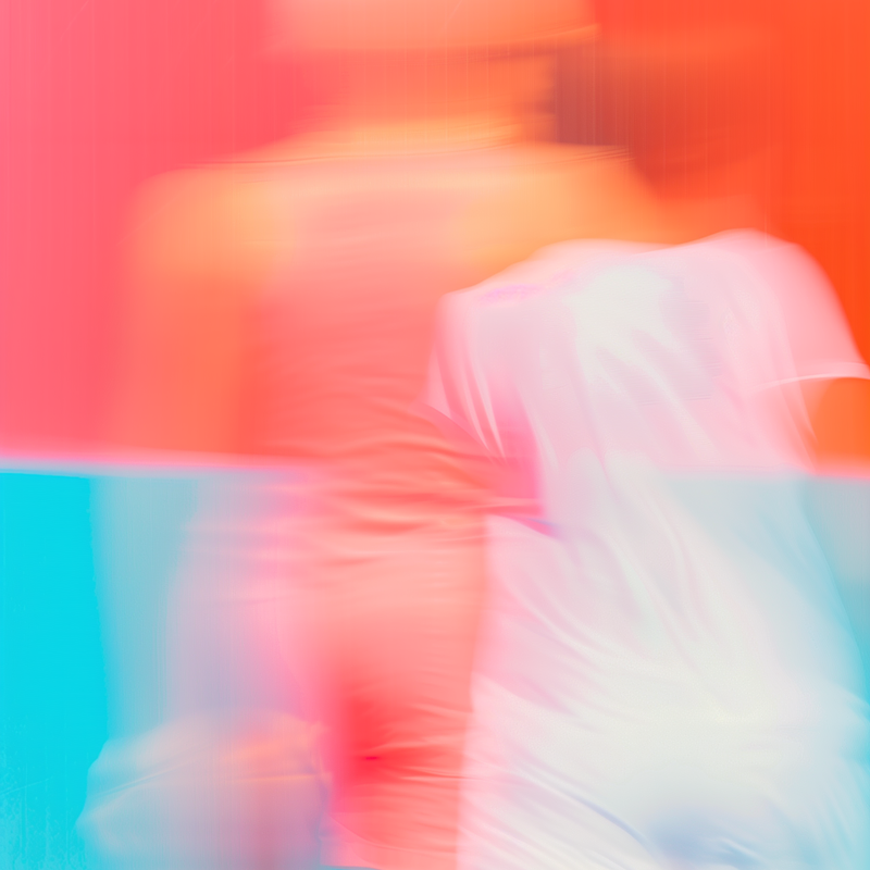 abstract image of 2 blurred women in white pink and orange