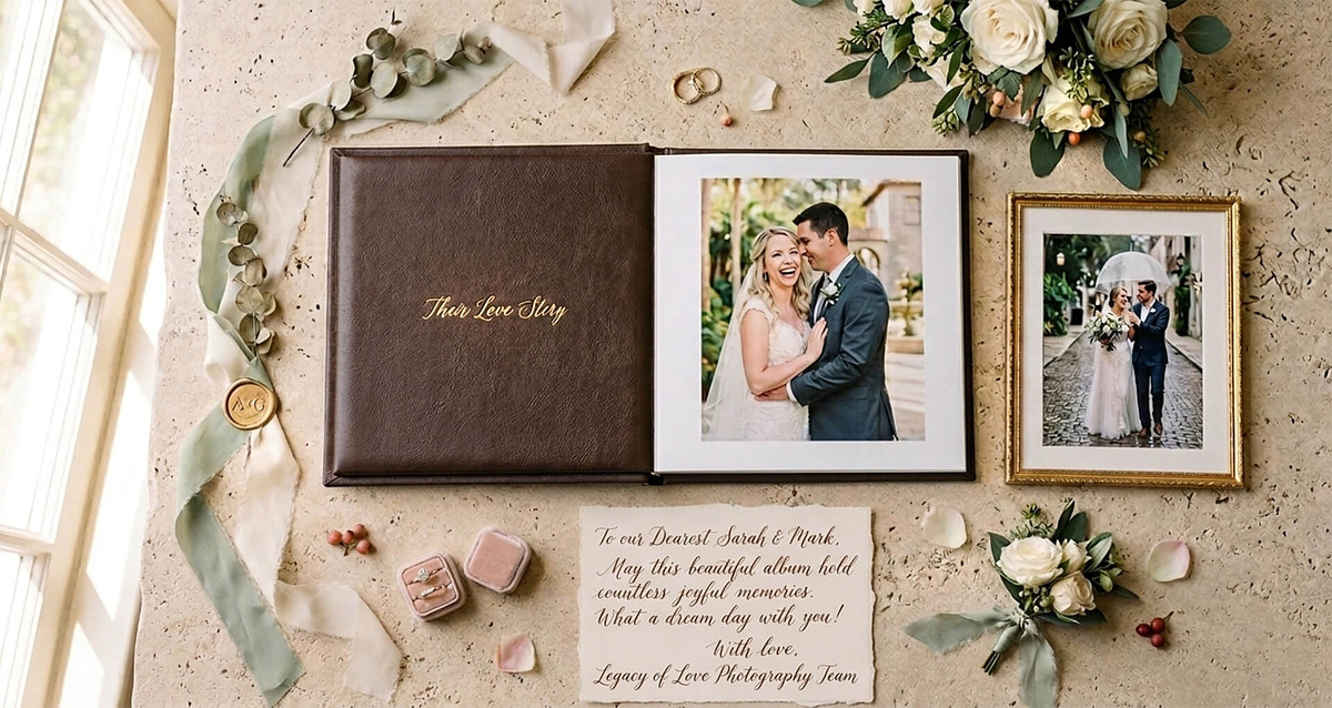 A flat lay of a brown leather wedding album, a framed photo, and a handwritten note from Legacy of Love Photography Team on a stone surface with natural light.