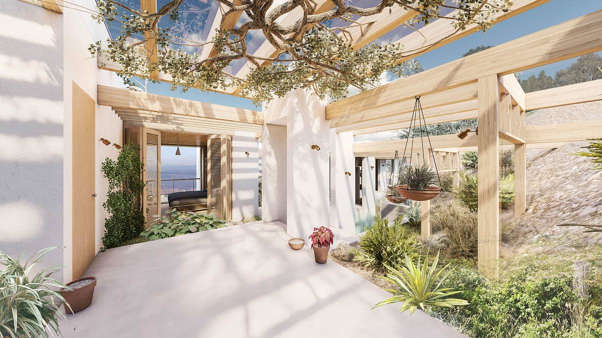 render interior casa ecol&oacute;gica paja luz natural arquitectura interior sostenible