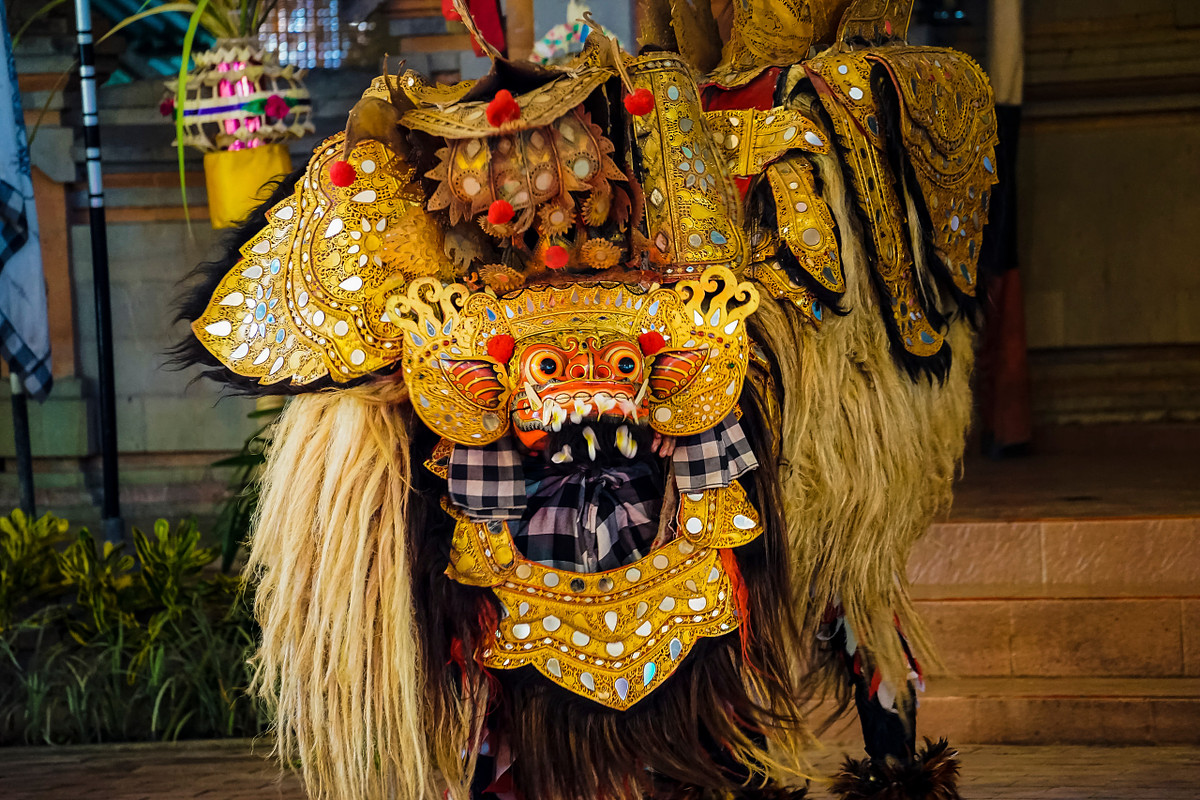 Traditional Balinese Barong costume and mask used in a cultural and religious performance in Bali, Indonesia.