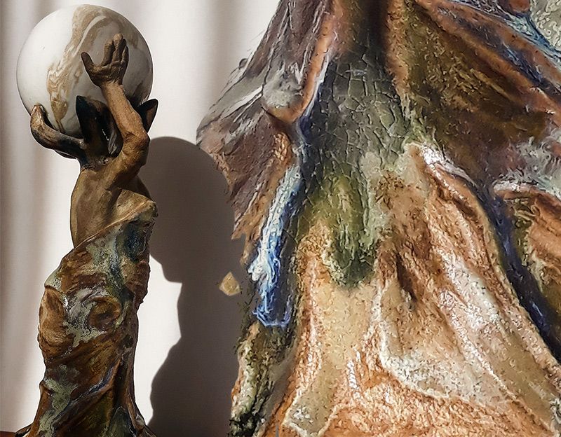 Hand-built ceramic sculpture of Aquarius (Verseau) from the Moons Project, showcasing a delicately enameled robe and sensual details. Crafted by Paris-based artist Nicolas Contr&eacute;ras.