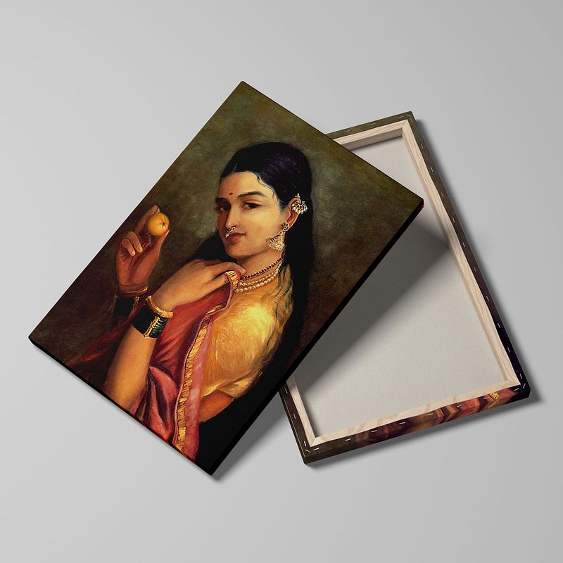 Woman with a Fruit – A Timeless Portrait of Grace and Contemplation by Raja Ravi Verma