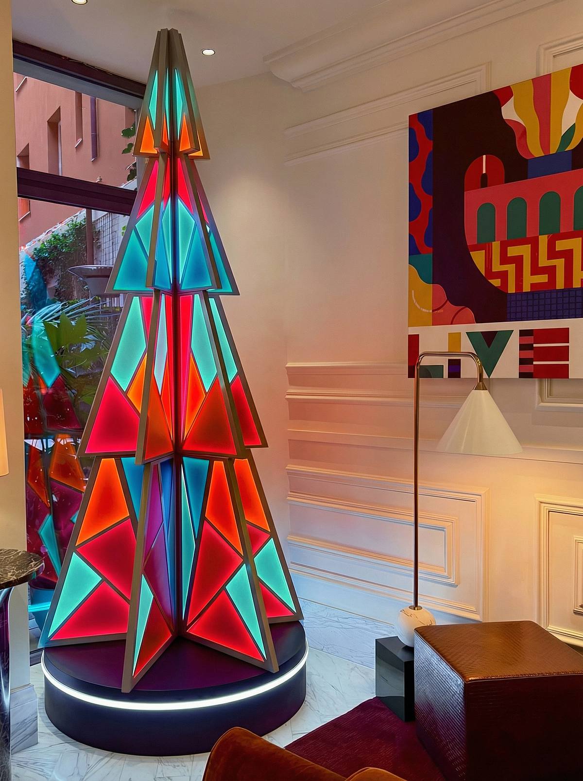 layered christmas tree sculpture integrated led lighting luxury hotel