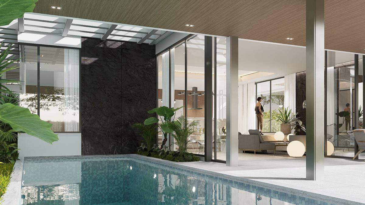 render interior vivienda lujo espacio abierto arquitectura tropical luz natural