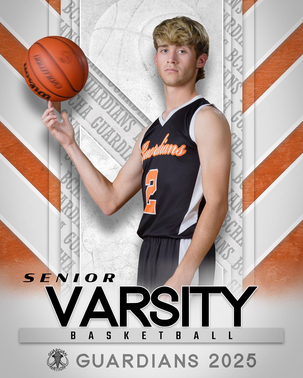 A composite photo by ProClicks Photography of a high school senior male basketball player, wearing a black and orange 'Guardians' jersey number 2, spinning a basketball on his finger. The background features orange and white stripes, a faint basketball graphic, and text indicating 'SENIOR VARSITY BASKETBALL GUARDIANS 2025'.