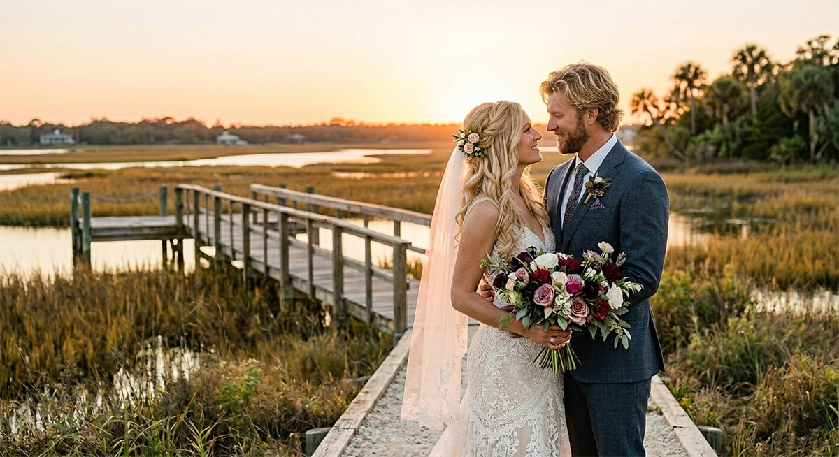A fine-art portrait of a bride and groom during golden hour at a St. Augustine marsh venue.