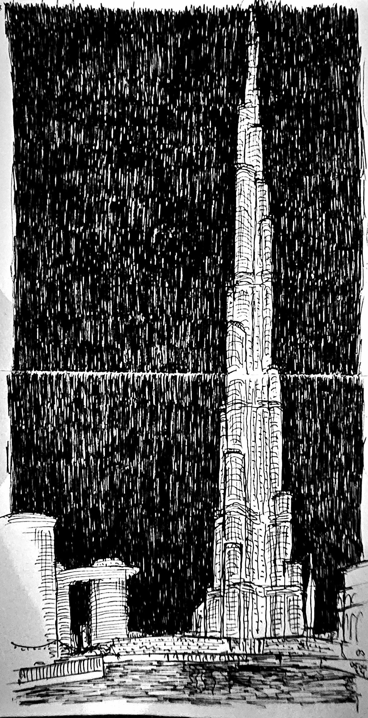 burj khalifa black and white architectural line drawing