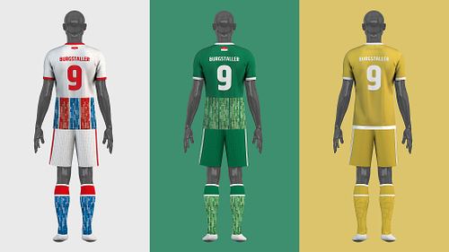 Back view of Rapid Wien home, away, and third full kit concepts displayed side by side on mannequins.