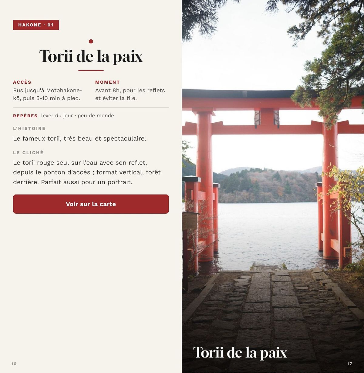 Double page du guide photo du Japon, fiche du spot Torii de la paix à Hakone et sa photo
