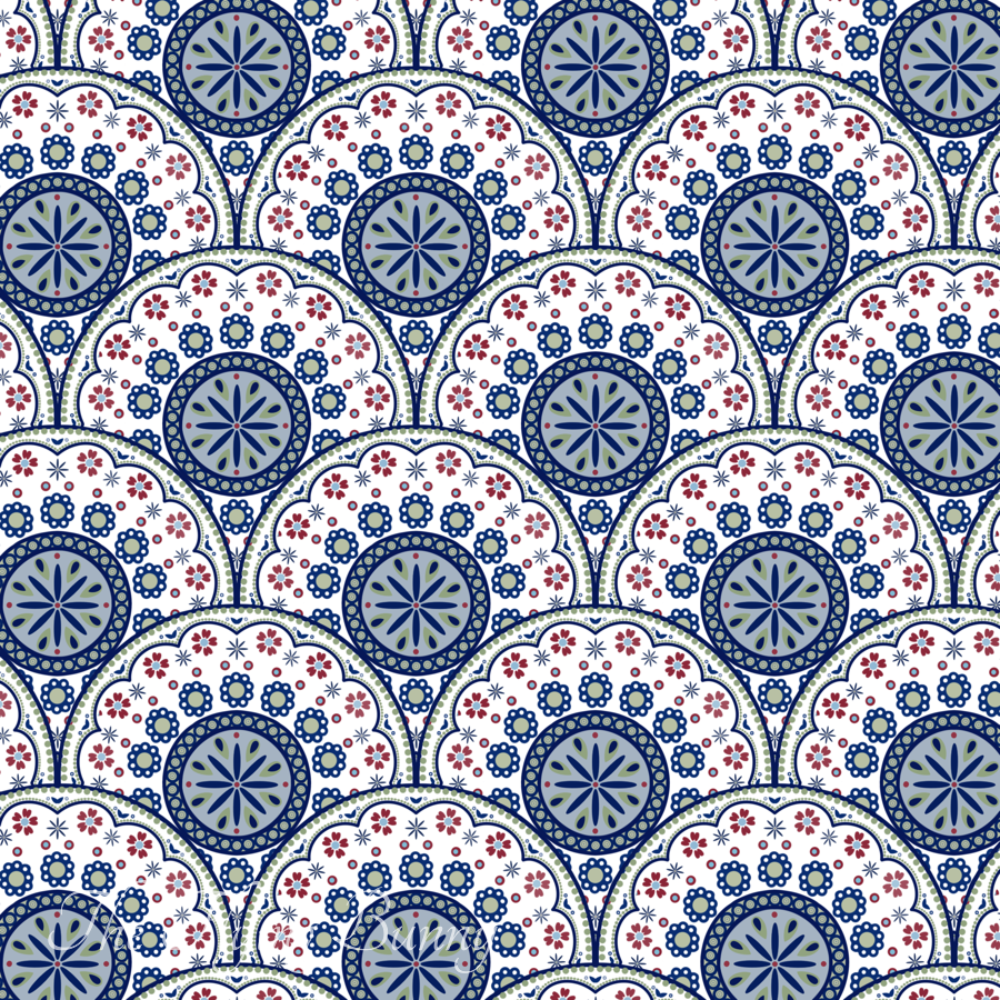 Layered blue, sage green, dusty red, and white fan-shaped floral medallions arranged in a scalloped repeating Polish folk art-inspired pattern.