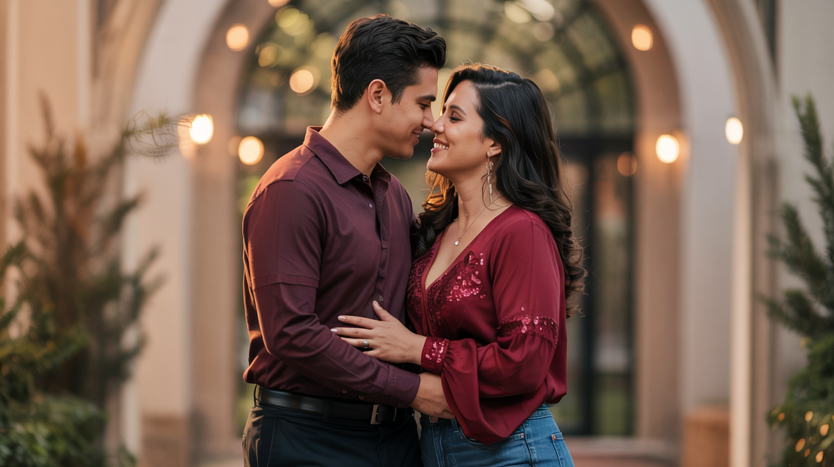 Engaged couple sharing a candid moment during golden hour in Oklahoma.