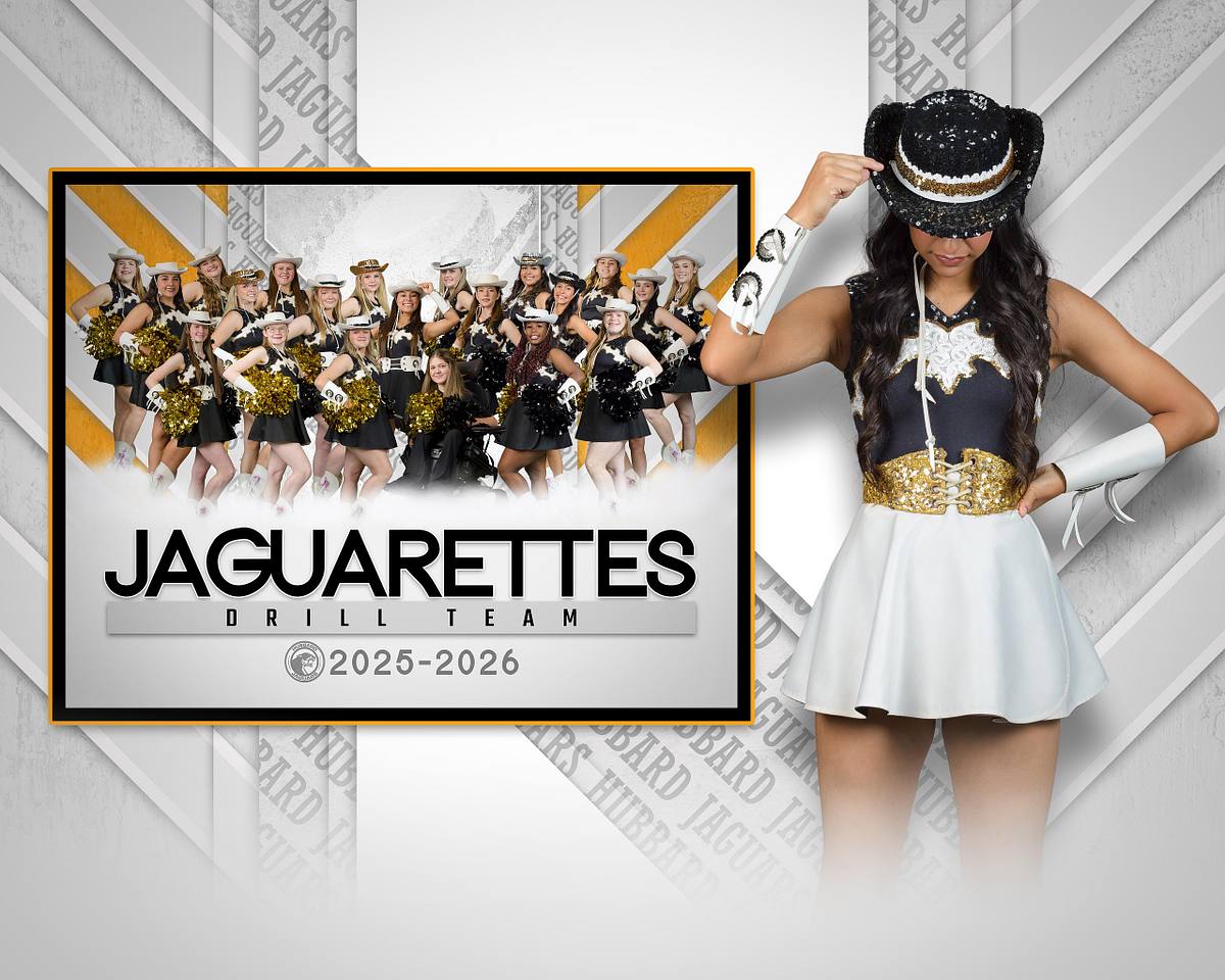 A composite Memory Mate by ProClicks Photography photo featuring a Hubbard ISD Jaguarettes Drill Team member posing in a black and gold sequined cowgirl uniform, tipping her hat. The background includes a group photo of the full 2025-2026 Jaguarettes team in matching uniforms with pompoms, under the text 'JAGUARETTES DRILL TEAM 2025-2026'